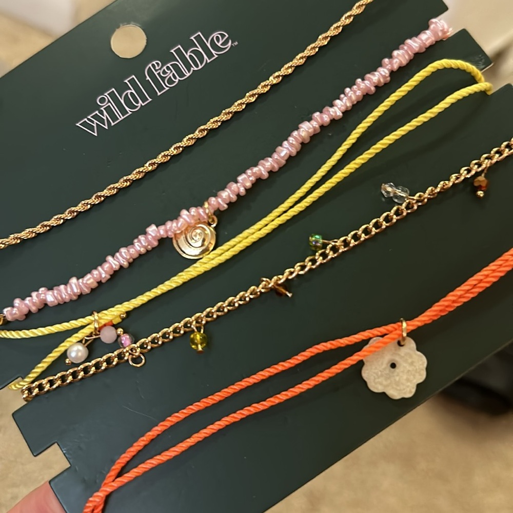 Beaded and Flower Charm Choker Pendant Necklace Set 5pc